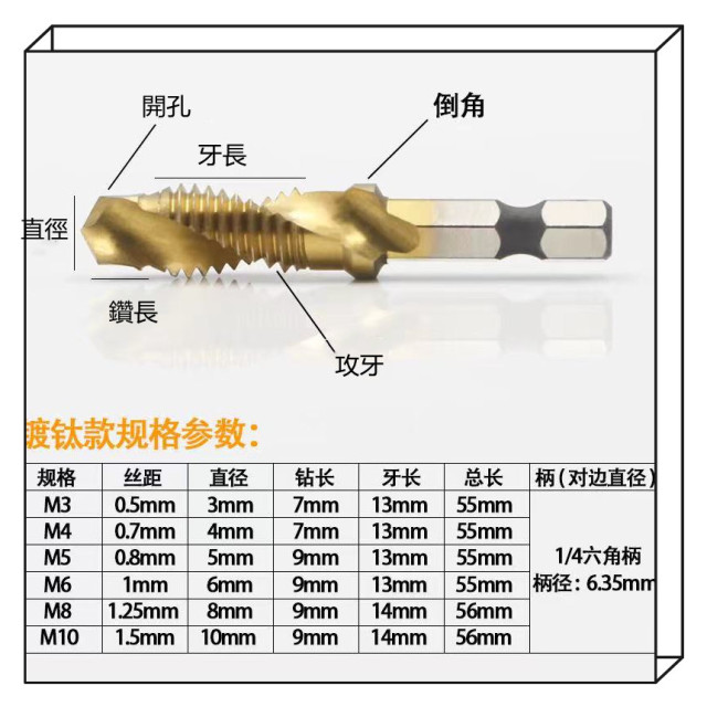 攻牙神器六角柄鍍鈦絲錐 M3~M10 高速鋼鍍鈦 鑽孔攻牙倒角複合絲錐開孔鑽頭麻花鑽攻工業居家生活五金水電木工模具車床模具cnc